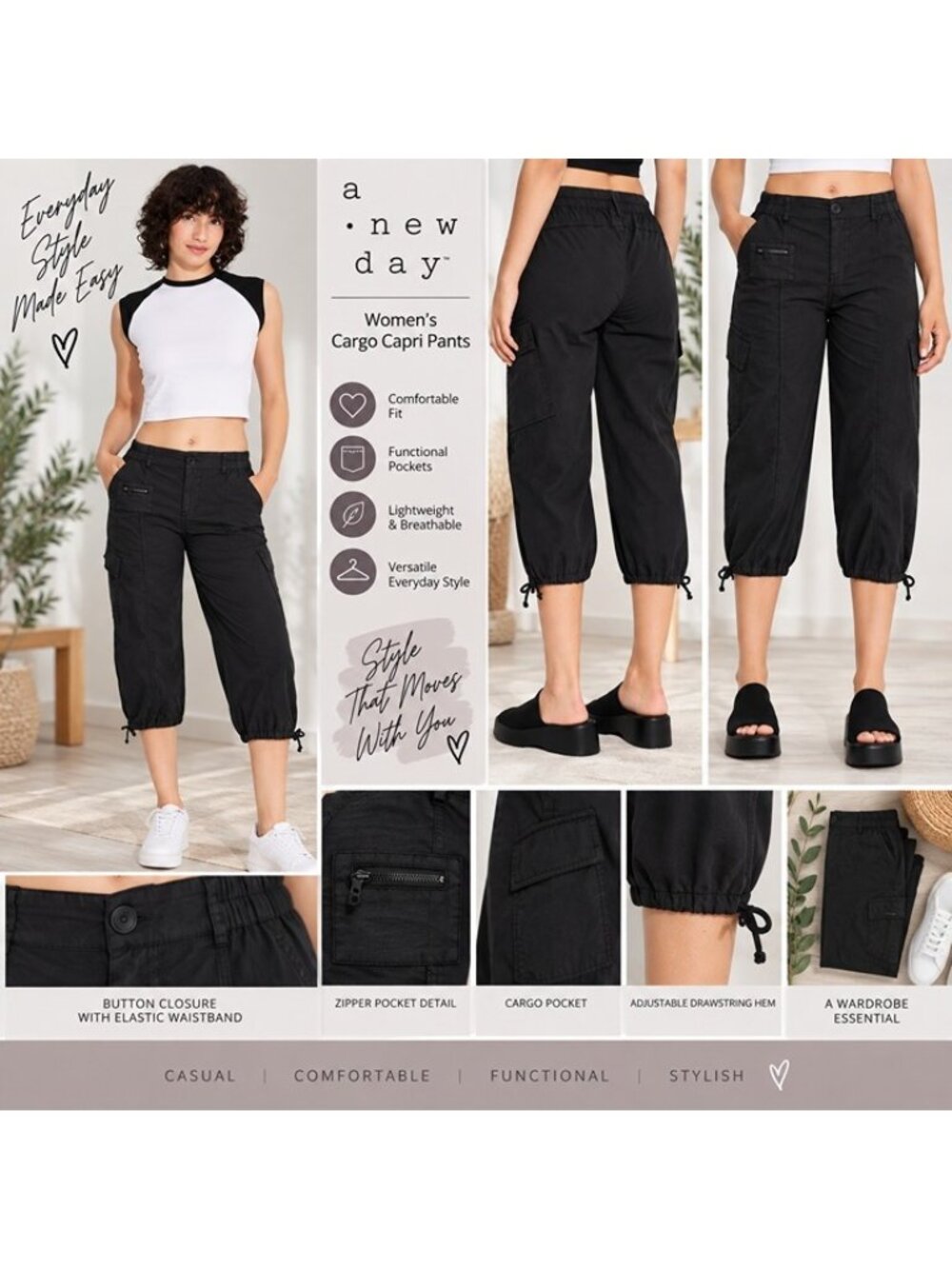 Women's Utility Cargo Capri Pants - Wild Fable Black XS
